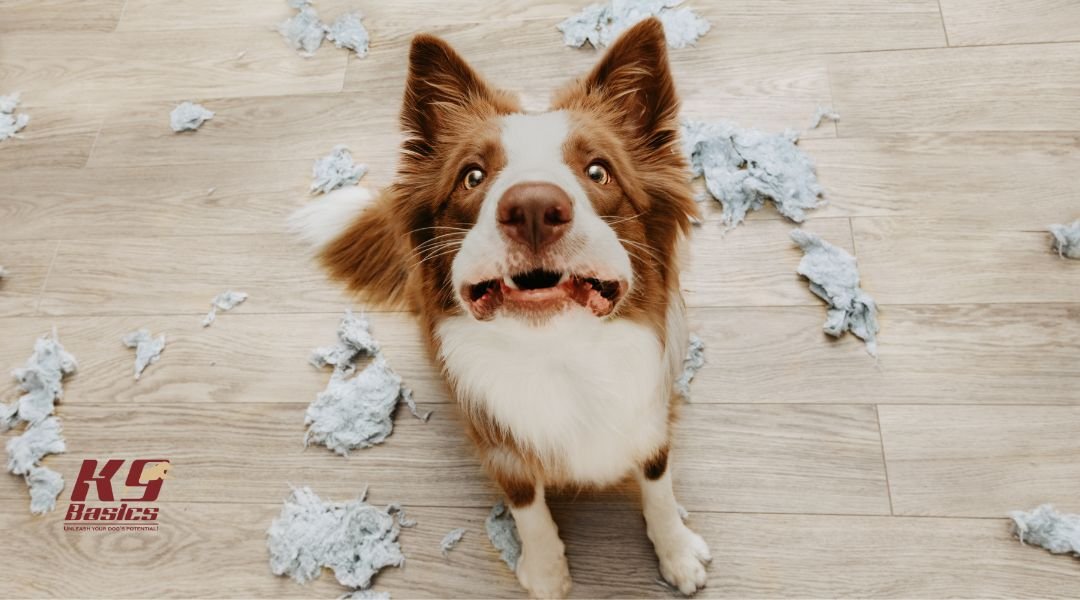Dog looking at owner after having made a mess on the floor