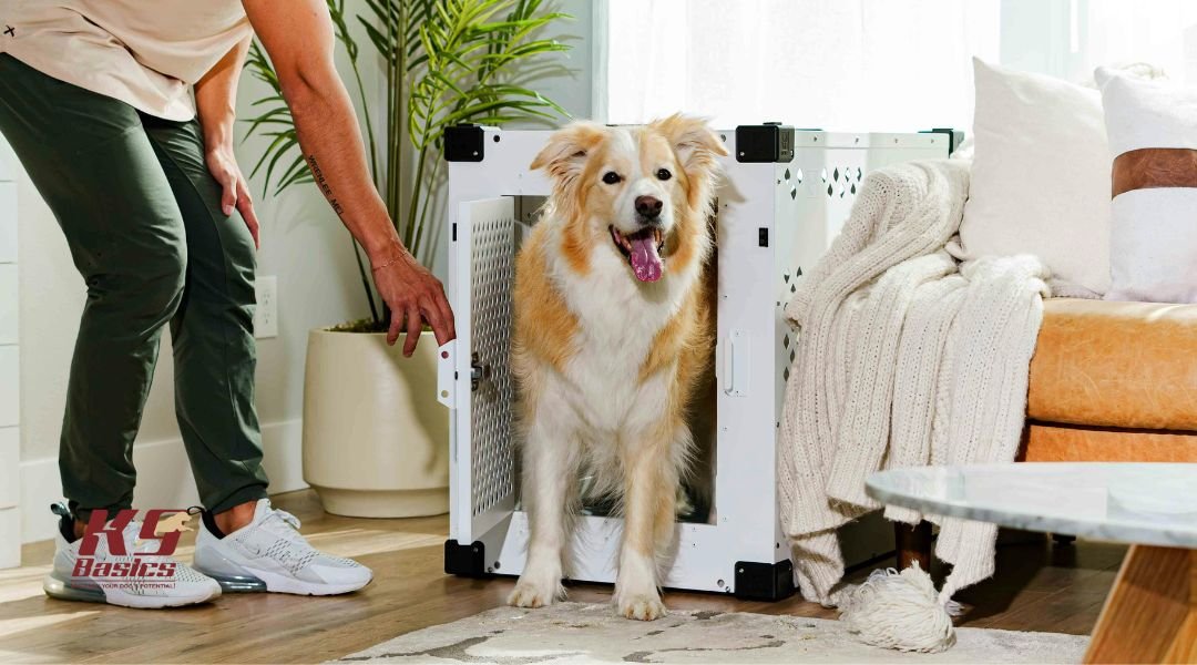 Dog leaving crate