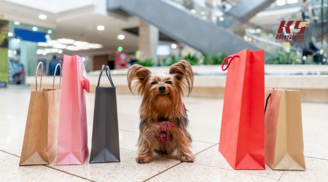 Dog at a mall next to shopping bags