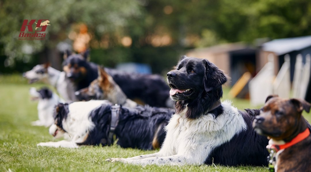 Several dogs lying on green grass outdoors